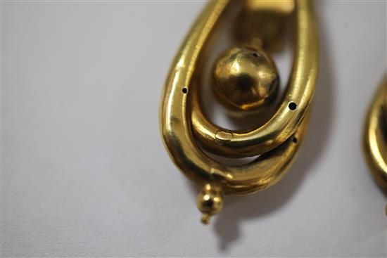 A pair of Victorian gold drop earrings, overall 1.75in.